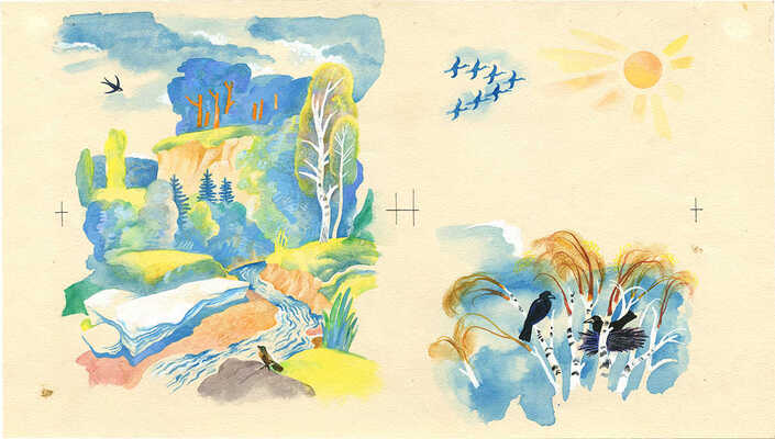 Меженинов Михаил Алексеевич. Две иллюстрации на одном листе к книге «Берёза» (М.: Малыш, 1975) 